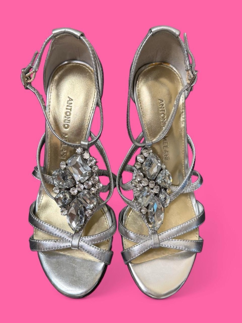 y2k! antonio melani silver strappy rhinestone heels!